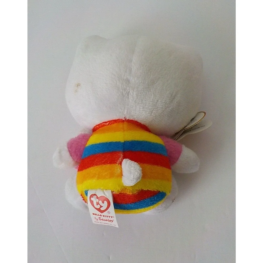 2011 Ty Beanie Babies Sanrio White Rainbow Stripe Hello Kitty w/ Muffin Plush 6
